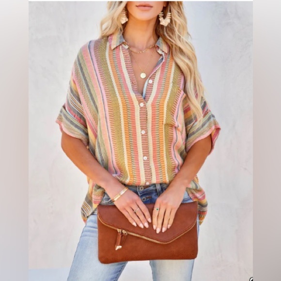 VICI Collection Camille Striped Woven Button Down Top Multicolor - Picture 3 of 14